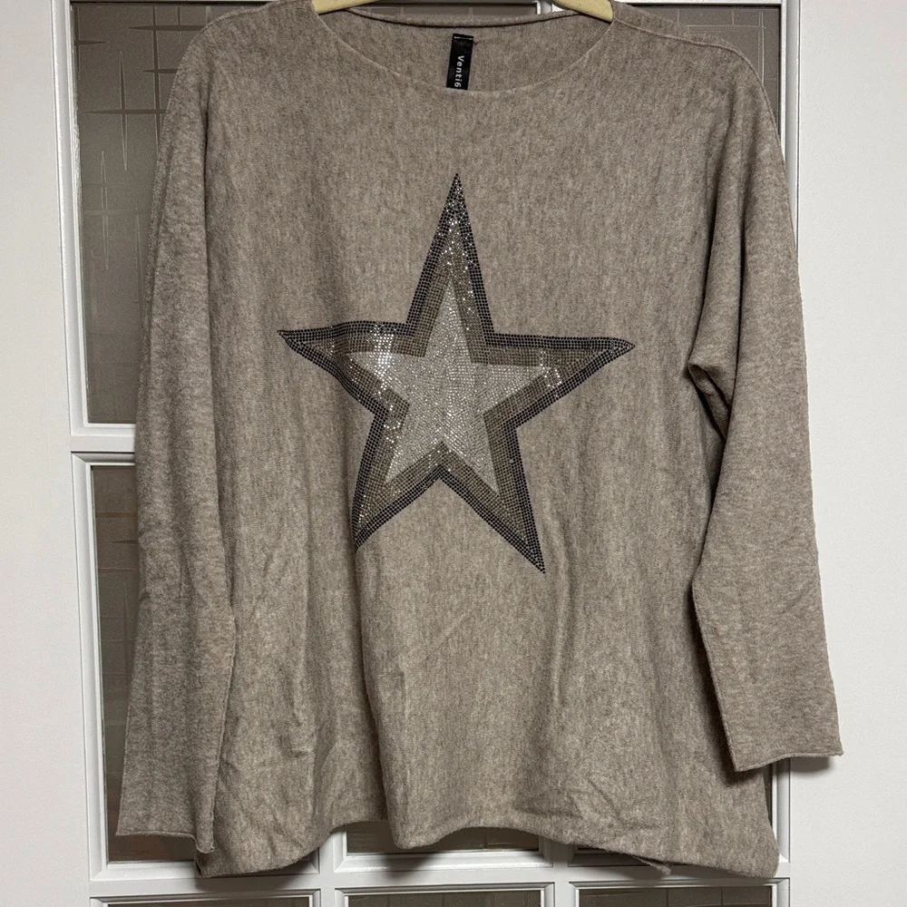 Star Embellished Beige Sweater